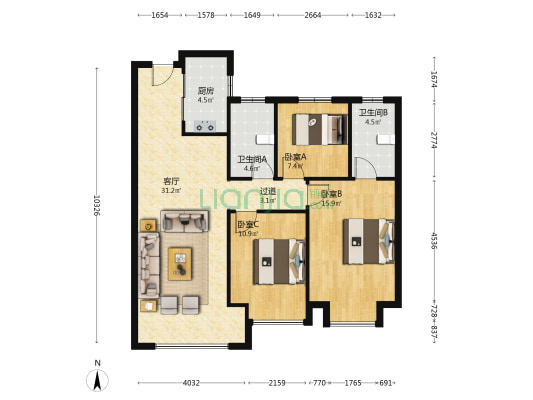 中国铁建花语天境 3室1厅2卫 110平方
