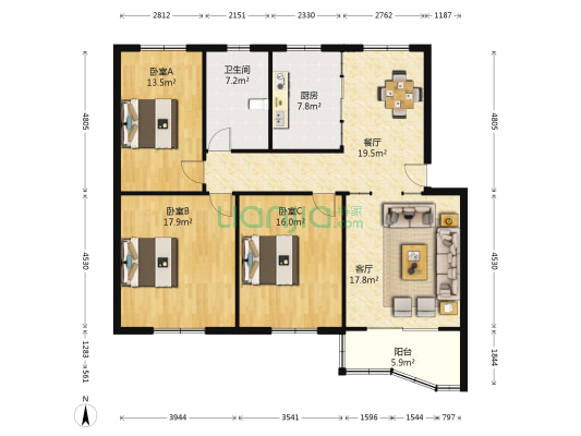 英伦花园 3室2厅1卫 128平方