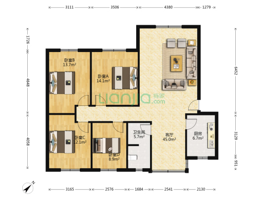 双流区教师公寓 4室1厅1卫 125平方