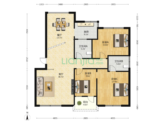 滨城公寓 3室2厅2卫 141平方