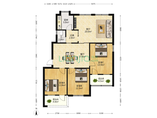 长监宿舍 3室2厅1卫 108平方