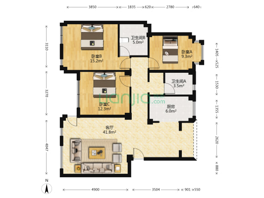岷旺花园 3室1厅2卫 115平方