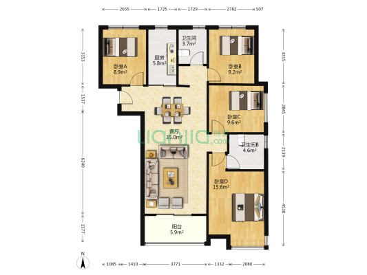 祥源金港湾公馆 4室1厅2卫 124平方