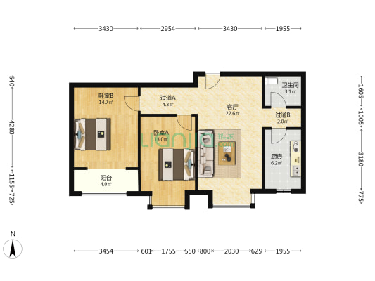 北辰公寓 2室1厅1卫 93平方