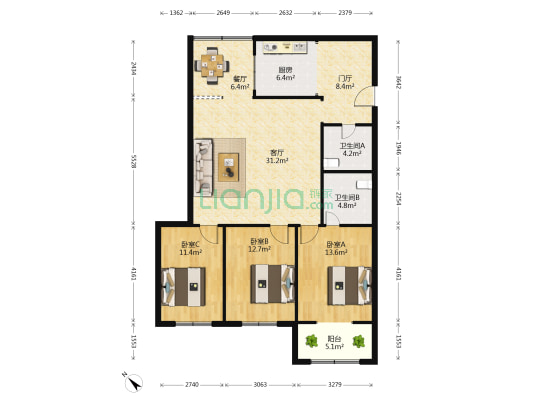 文殊院公寓 3室2厅2卫 132平方