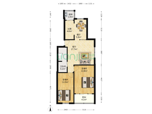 达莱公寓 2室2厅1卫 78平方