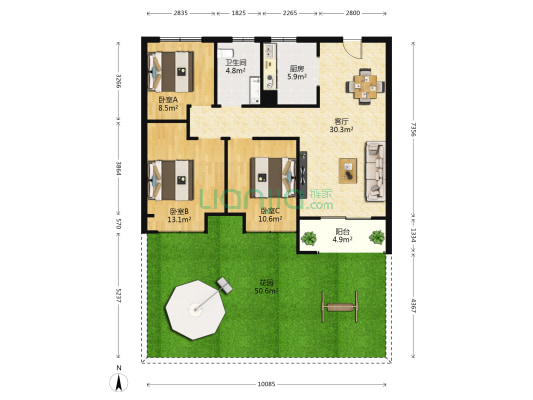 梧桐雨 3室1厅1卫 100平方