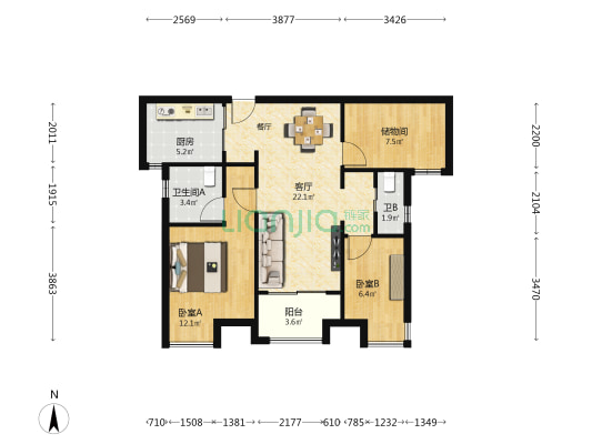 特房新玥公馆 2室1厅2卫 87平方