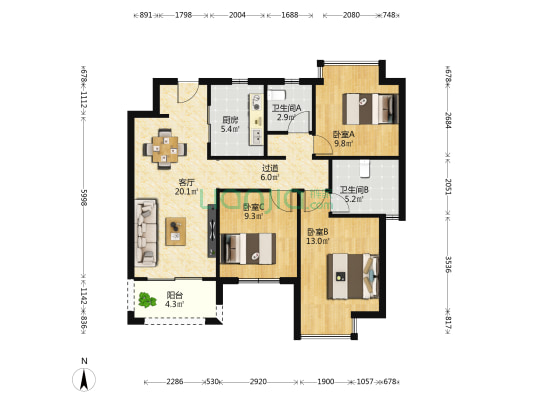 新力水投锦瑶府 3室1厅2卫 97平方