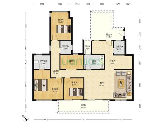 中国铁建南国天骄二期 3室1厅3卫 156平方