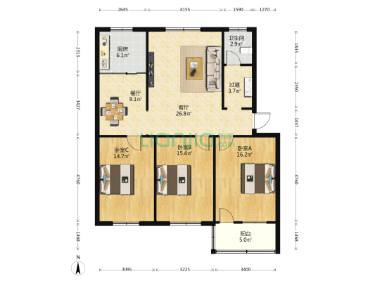 乐园小区 3室2厅1卫 120平方