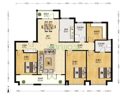 绿地新里城 3室2厅2卫 163平方