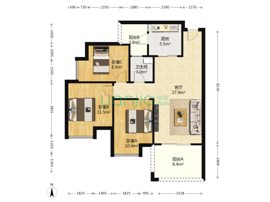 三都汇朝外 3室1厅1卫 88平方