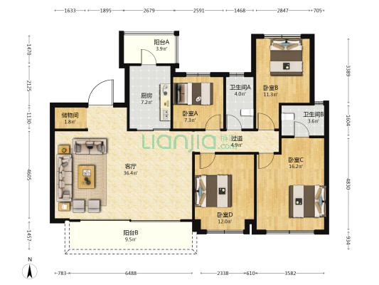 首开龙湖景粼玖序一期 4室1厅2卫 145平方