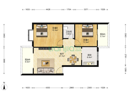 现代花园城 2室1厅1卫 86平方
