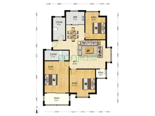 通运花园 3室1厅2卫 123平方