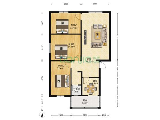 佳龙苑 3室2厅1卫 102平方