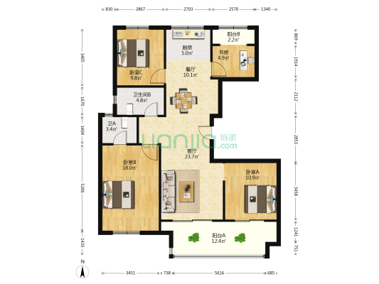 中洋金砖公寓 4室2厅2卫 127平方