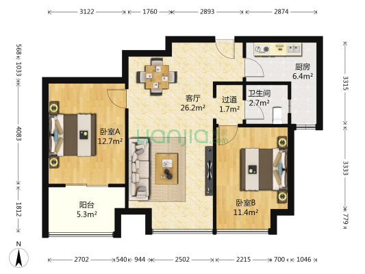 锦源汉序 2室1厅1卫 84平方