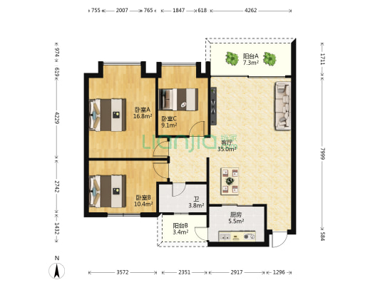 丽晶花园 3室1厅1卫 105平方