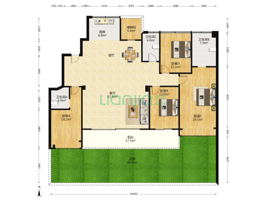 名境园 4室1厅3卫 192平方