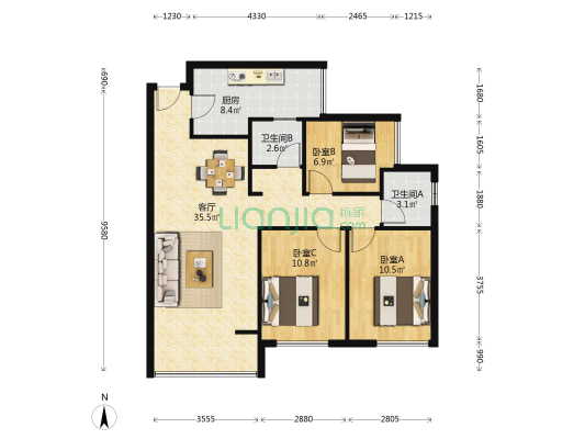 天宇锦都 3室1厅2卫 93平方
