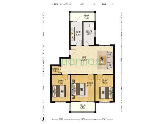 东风小区 3室1厅1卫 95平方