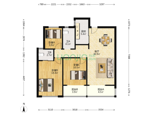 龙湖璟宸原著紫宸 3室1厅2卫 104平方