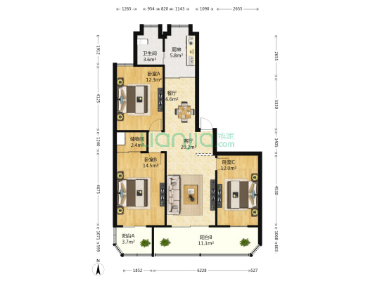 育新路平安小区 3室2厅1卫 103平方