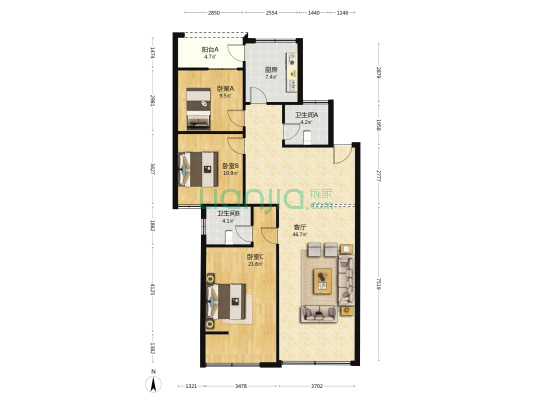 建设路17号 3室1厅2卫 124平方