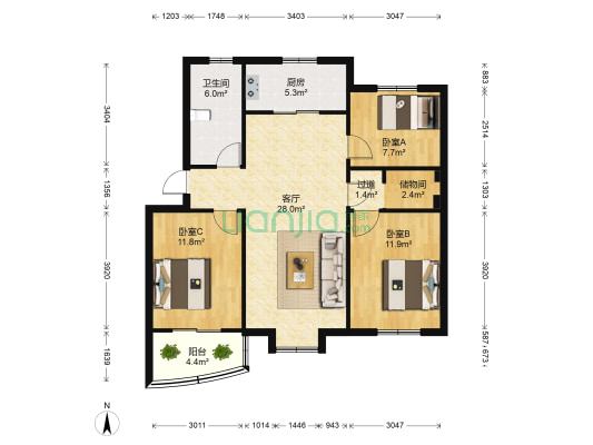 东方新家园(中区) 3室1厅1卫 100平方
