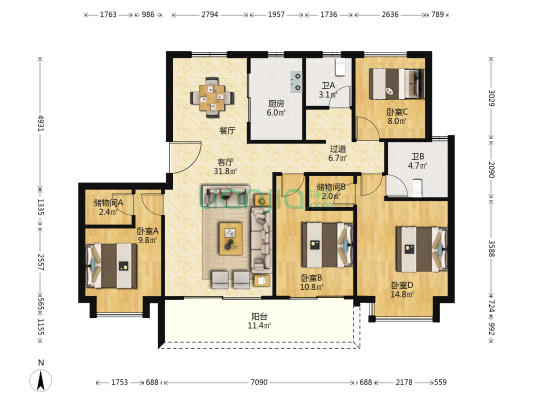 保利湖光印 4室1厅2卫 137平方