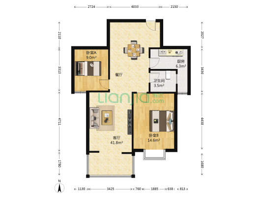 中飞百度和园 2室1厅1卫 88平方