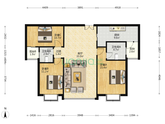 达翰钱隆公馆 3室1厅2卫 105平方