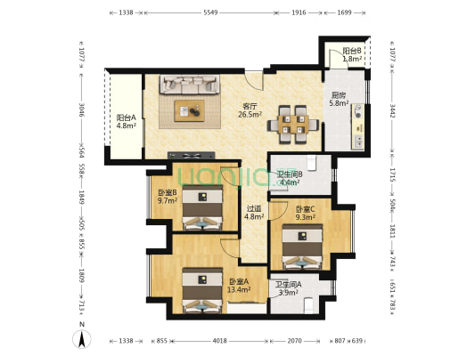 御临府四期珑园 3室1厅2卫 99平方