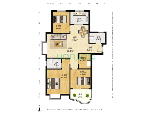 银河湾 3室2厅2卫 136平方