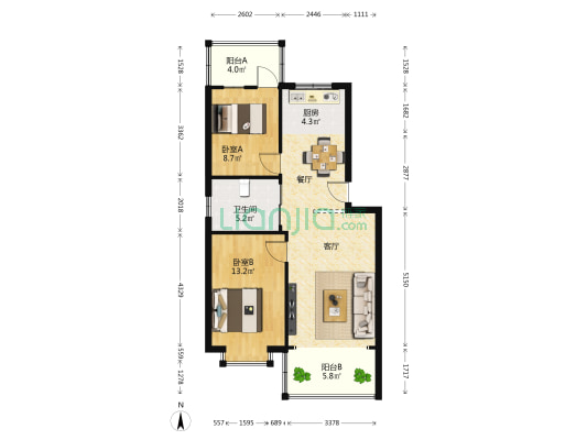 丽江花园 2室1厅1卫 76平方