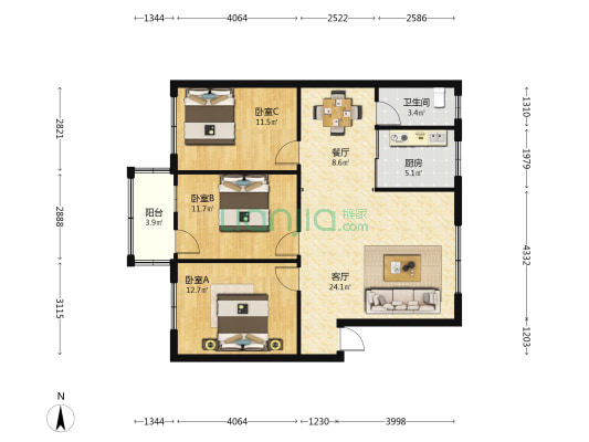 新新小区 3室2厅1卫 95平方