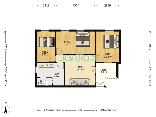 环山路 3室1厅1卫 73平方