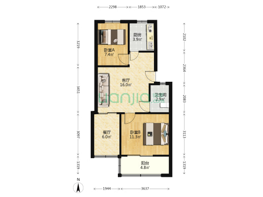 土地局宿舍楼 2室2厅1卫 58平方