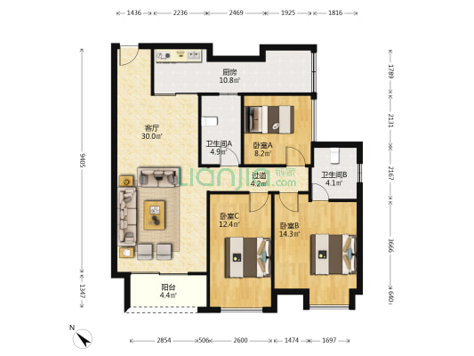 住家装修保持崭新，客厅朝南视野好，拎包入住-户型图