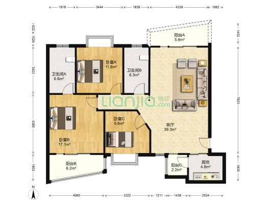 绿色晴川 3室1厅2卫 129平方