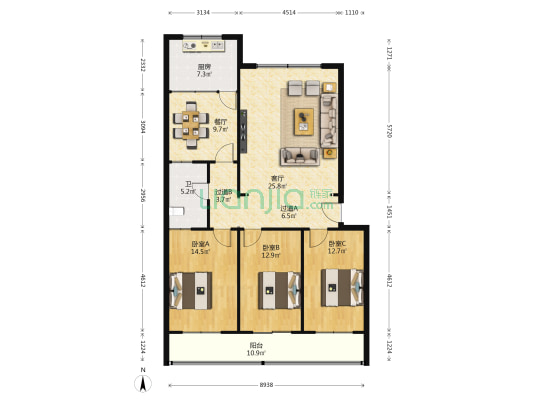 农机宿舍 3室2厅1卫 136平方