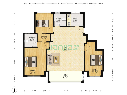 翰林甲第南苑 3室1厅2卫 124平方