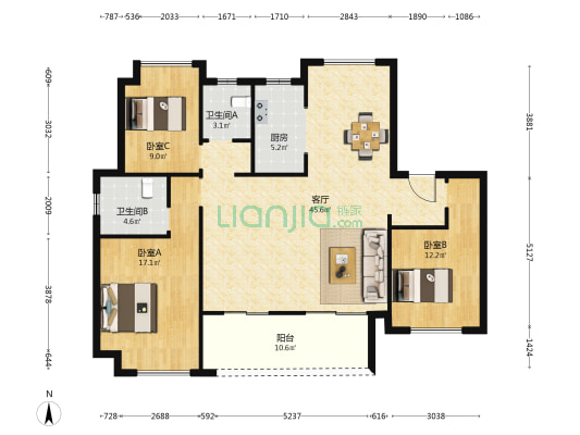 越江台 3室1厅2卫 125平方