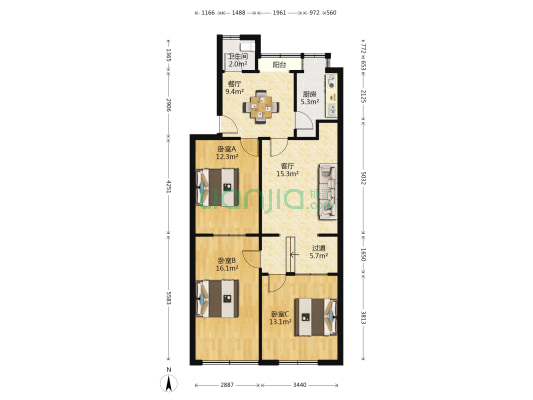 四眼井64号 3室2厅1卫 91平方