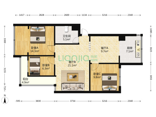 红云小区B区 3室2厅1卫 76平方