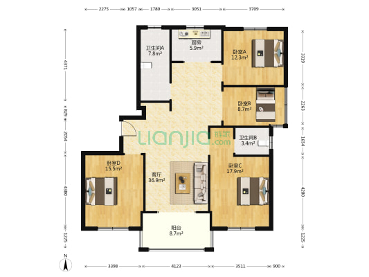 富贵春花园南区 4室1厅2卫 140平方