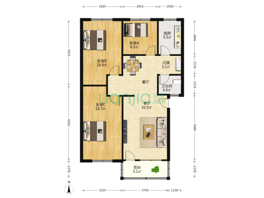金石达七彩城3号院 3室1厅1卫 110平方