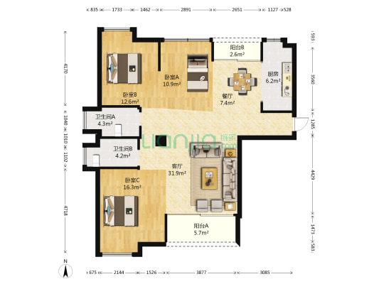 西湖绿洲四期 3室2厅2卫 123平方